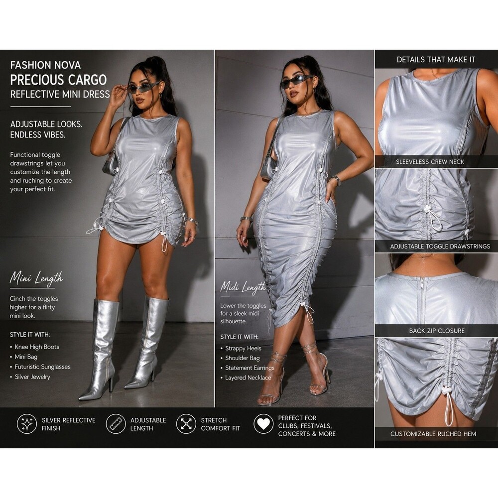 Fashion Nova Precious Cargo Silver Reflective Mini Midi Dress Women 2X Gorpcore